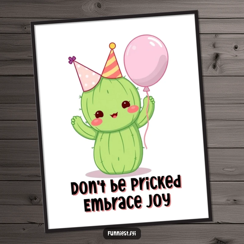 Funny Free Printable Wall Art: Cute cactus wearing a tiny party hat attempts to hug a balloon, a humorous scene.