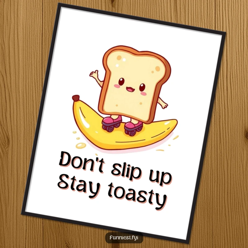 Funny Free Printable Wall Art: Toast wearing roller skates hilariously zooms across a slippery banana peel, a comical scene.