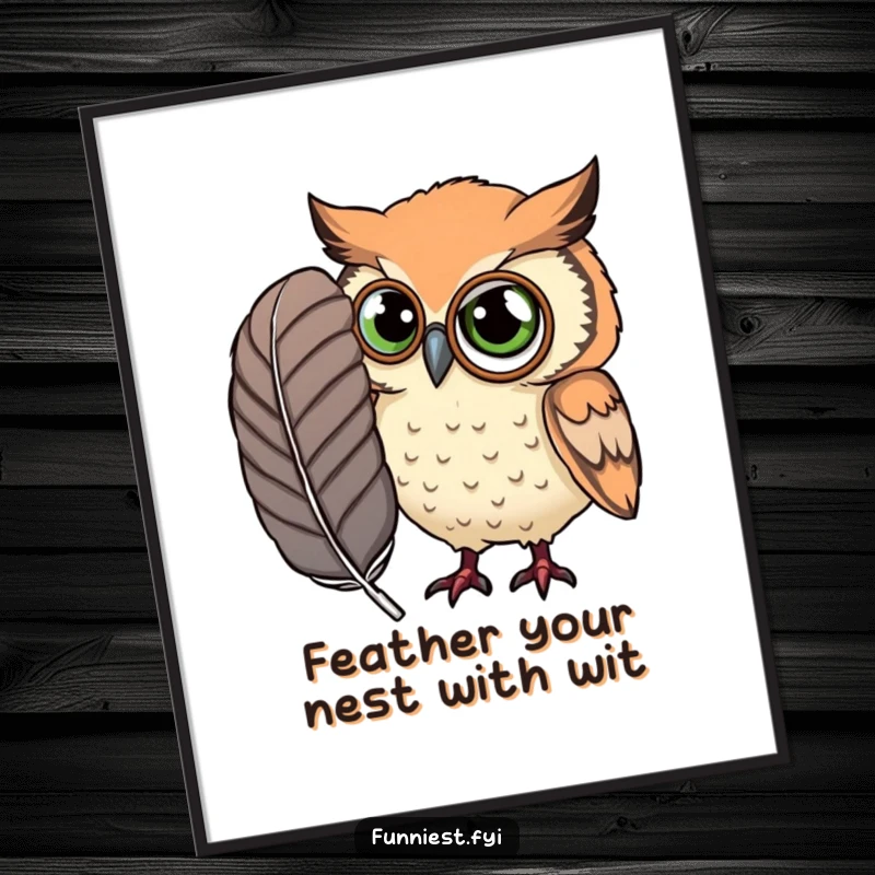 Funny Free Printable Wall Art: An owl wearing a tiny monocle intently examines a ridiculously large feather with curiosity.