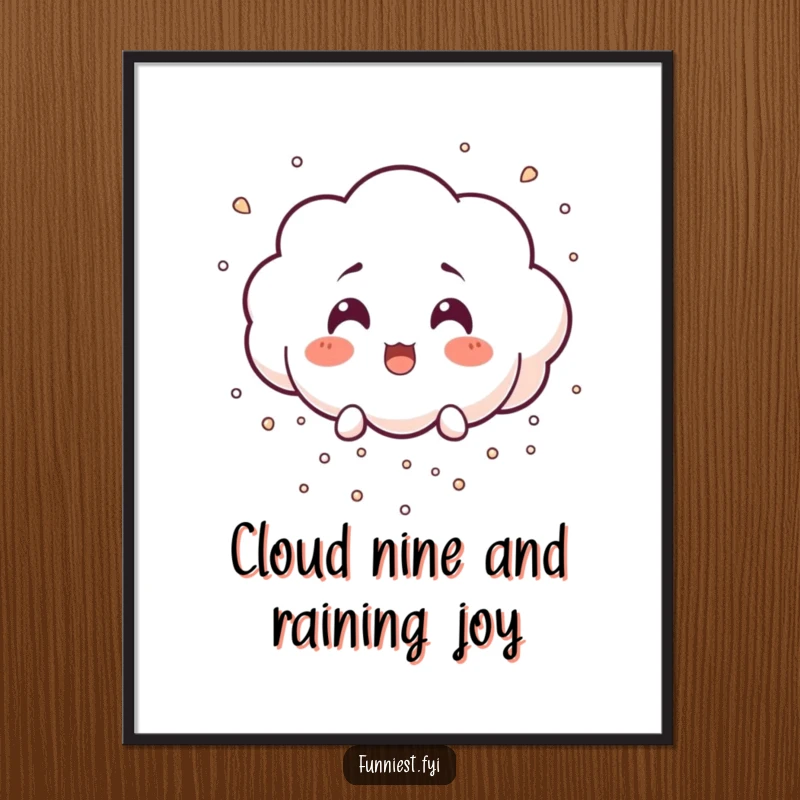 Funny free printable wall art of a surprised cloud character raining tiny particles of laughter, creating a whimsical and joyful visual.