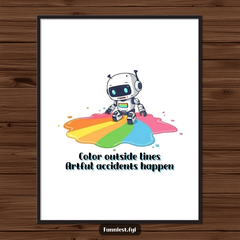 Funny Free Printable Wall Art: A clumsy robot tripping and spilling a large, vibrant puddle of rainbow paint.