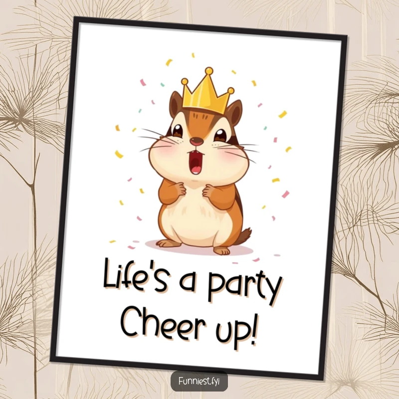 Funny Free Printable Wall Art: Surprised chipmunk wearing a tiny crown, showered with confetti, a celebratory and fun piece.