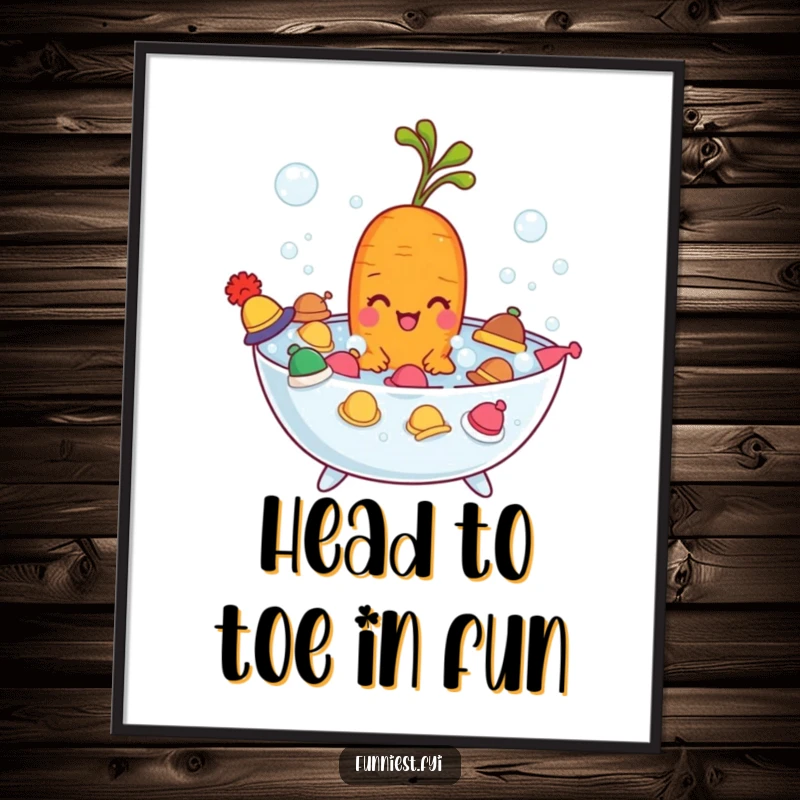 Funny Free Printable Wall Art: A carrot character luxuriating in a bubble bath filled with tiny hats, a comical scene.