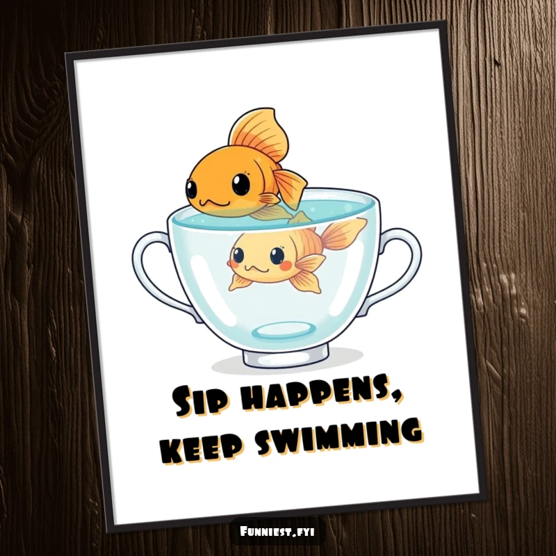 Funny Free Printable Wall Art showing a goldfish bravely swimming in a teacup, a whimsical piece about overcoming challenges.