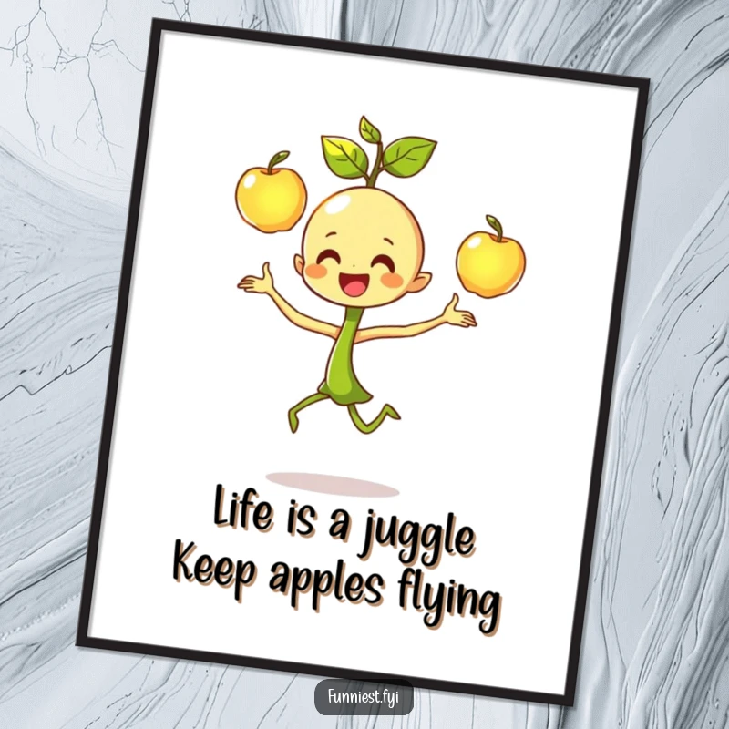 Funny free printable wall art of a dancing sprout character skillfully juggling three shiny apples with pure joy.