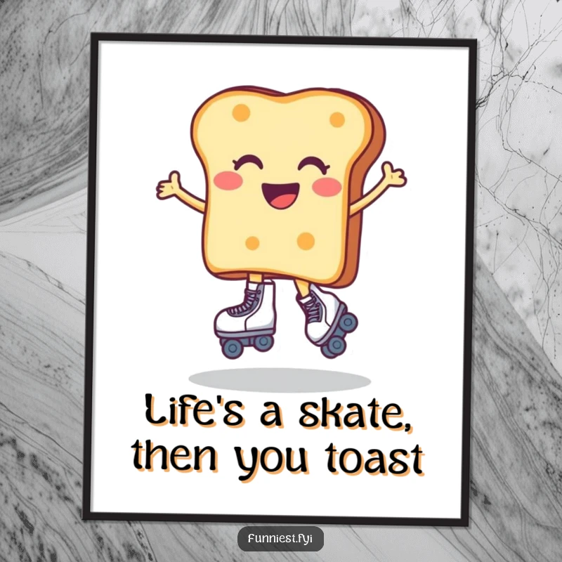 Funny free printable wall art: A delighted toast character attempts to master roller skates, bringing playful energy to your decor.