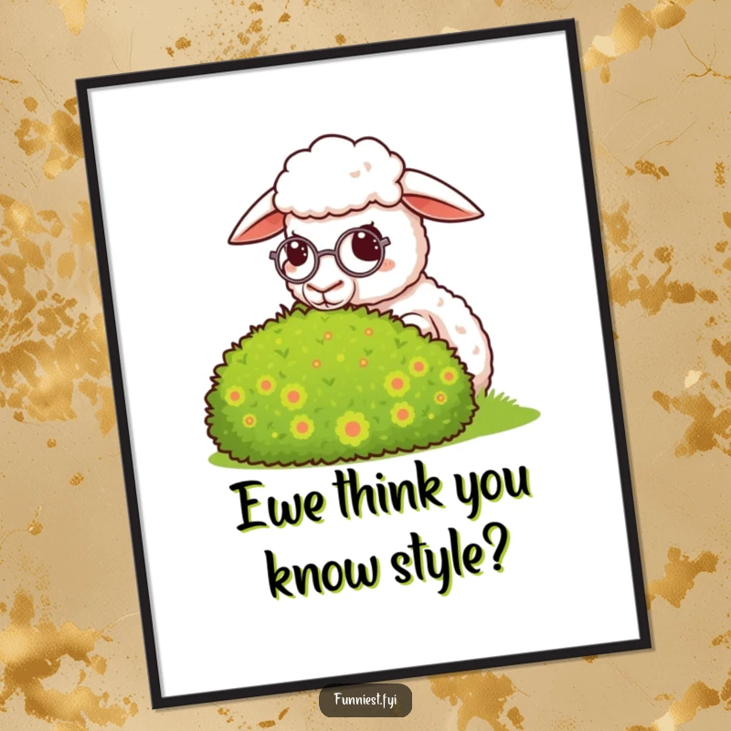 Funny Free Printable Wall Art: A sheep wearing a monocle looks with smug self-satisfaction at a perfectly groomed bush, humorous decor.
