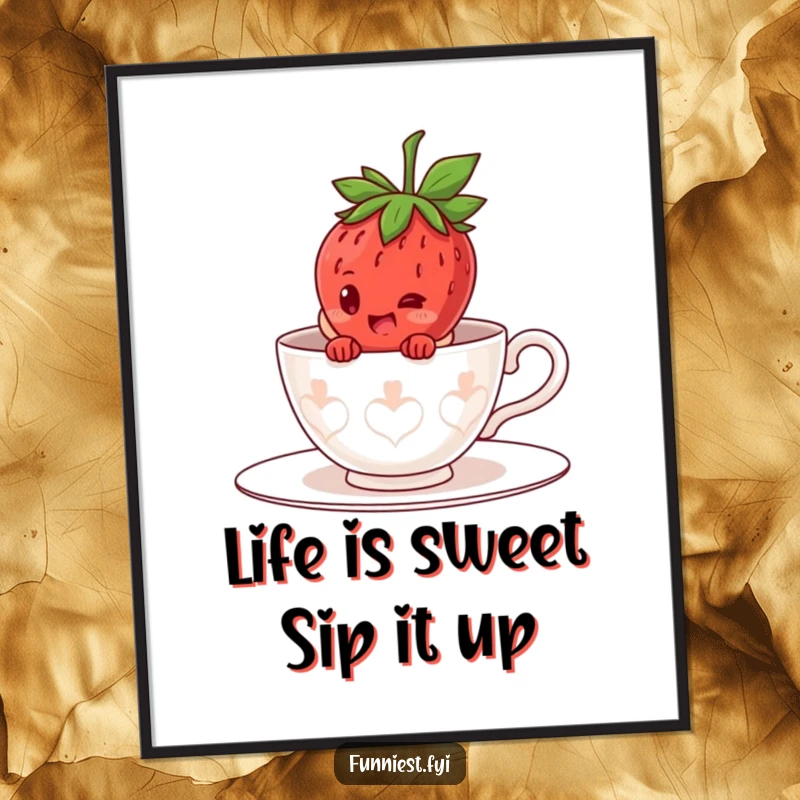 Funny free printable wall art of a giggling strawberry character hiding inside an oversized teacup costume, looking adorable.