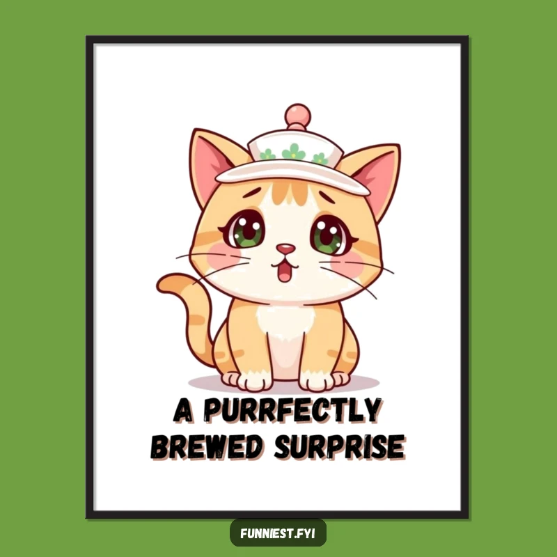 Free Printable Wall Art: Surprised Cat Teacup Hat - Funny Downloadable Decor