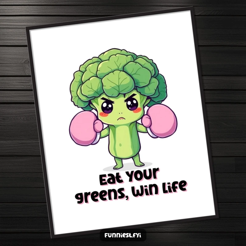 Funny Free Printable Wall Art: A determined broccoli floret wearing oversized boxing gloves, striking a powerful and humorous pose.