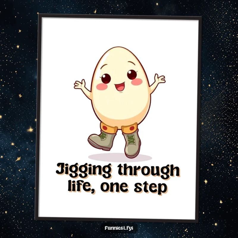 Funny Free Printable Wall Art: Cheerful egg in oversized boots doing a clumsy jig, quirky downloadable art.
