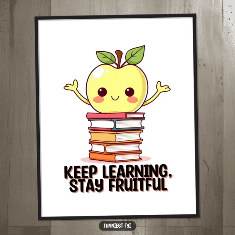 Funny Free Printable Wall Art: A proud apple character is depicted balancing an impressively tall stack of wobbling books, a smart piece.