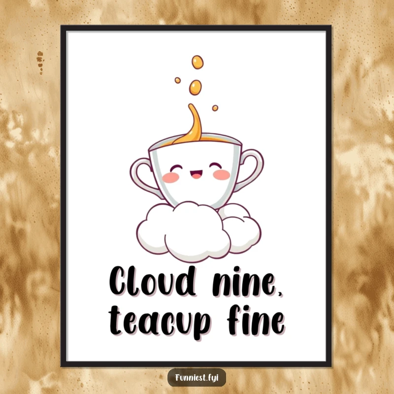 Funny free printable wall art: a cheerful teacup character joyfully embracing a delightful, gentle pour from a fluffy cloud.