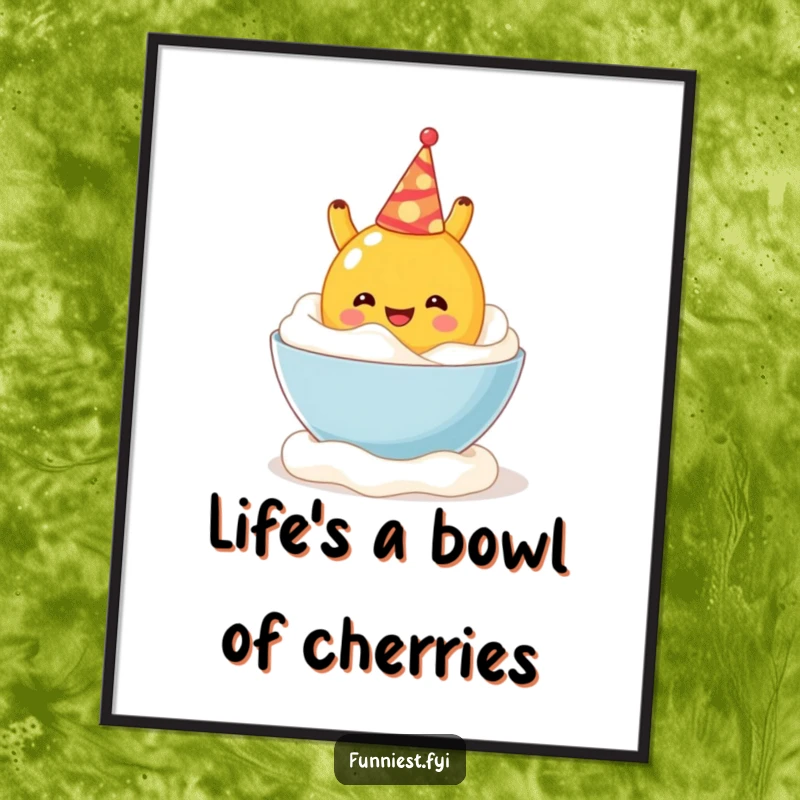 Funny Free Printable Wall Art: Cheerful fruit character in party hat falling backward into whipped cream, creating a comical splash.