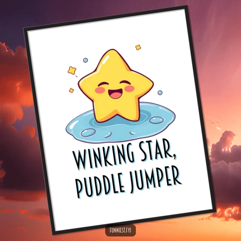Funny Free Printable Wall Art: A cheerful star character winks while making a playful splash as it falls into a puddle.