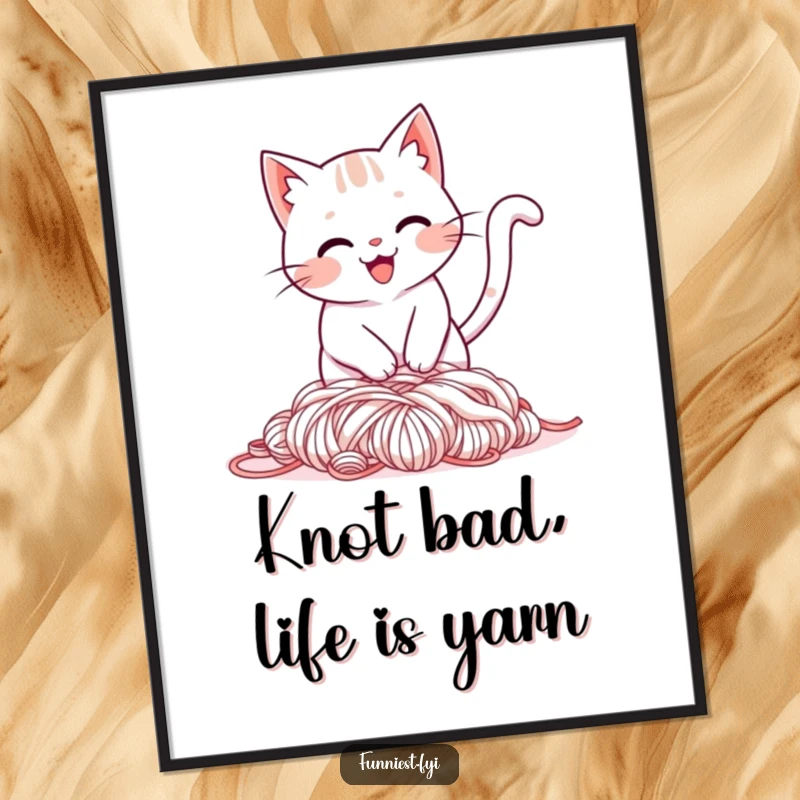 Funny Free Printable Wall Art: Smiling cat character comically trips over its own tail, landing in a pile of yarn.