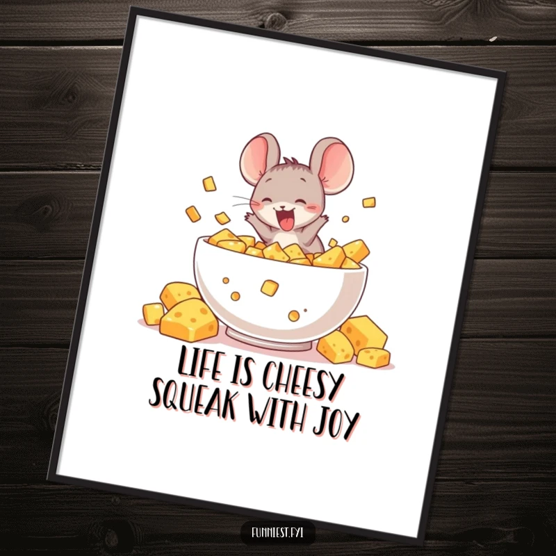 Funny Free Printable Wall Art: A delighted mouse character diving with pure joy into a massive, overflowing bowl of cheese.