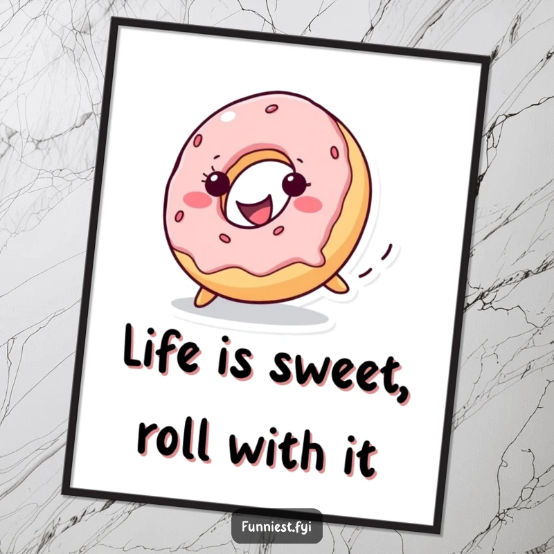 Funny Free Printable Wall Art: A mischievous donut with a wide, cheerful grin rolls downhill, bringing playful energy to any room.