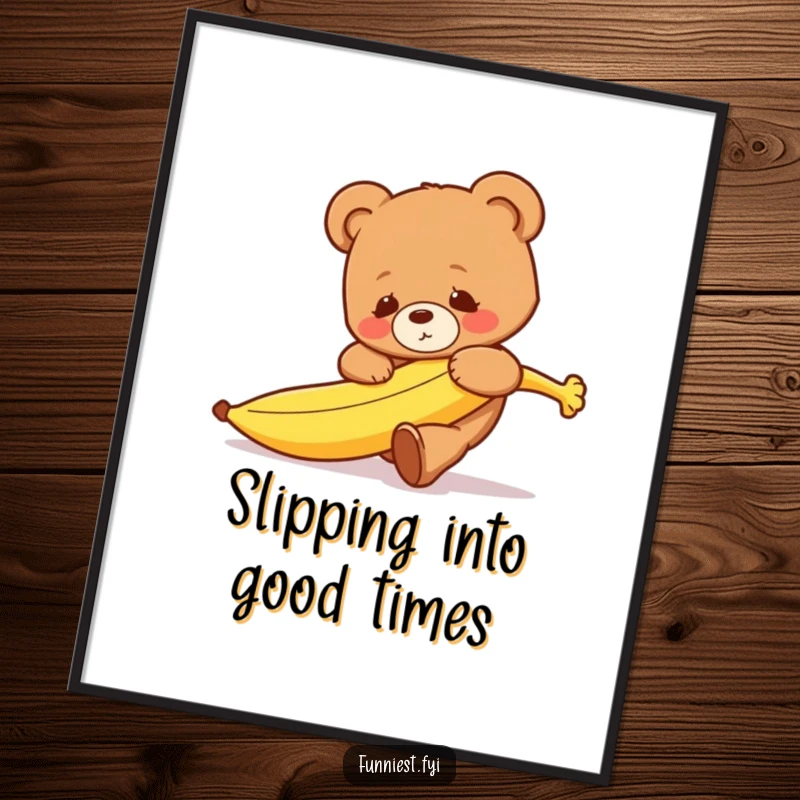 Funny Free Printable Wall Art: A clumsy teddy bear character tripping over a runaway banana, creating humorous and charming downloadable decor.