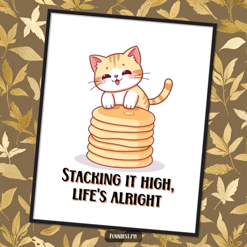 Funny free printable wall art: a comical cat fearlessly balancing on a towering stack of delicious pancakes.