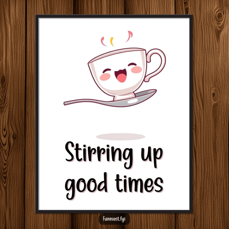 Funny Free Printable Wall Art: Teacup singing and balancing on a spoon, whimsical musical decor.