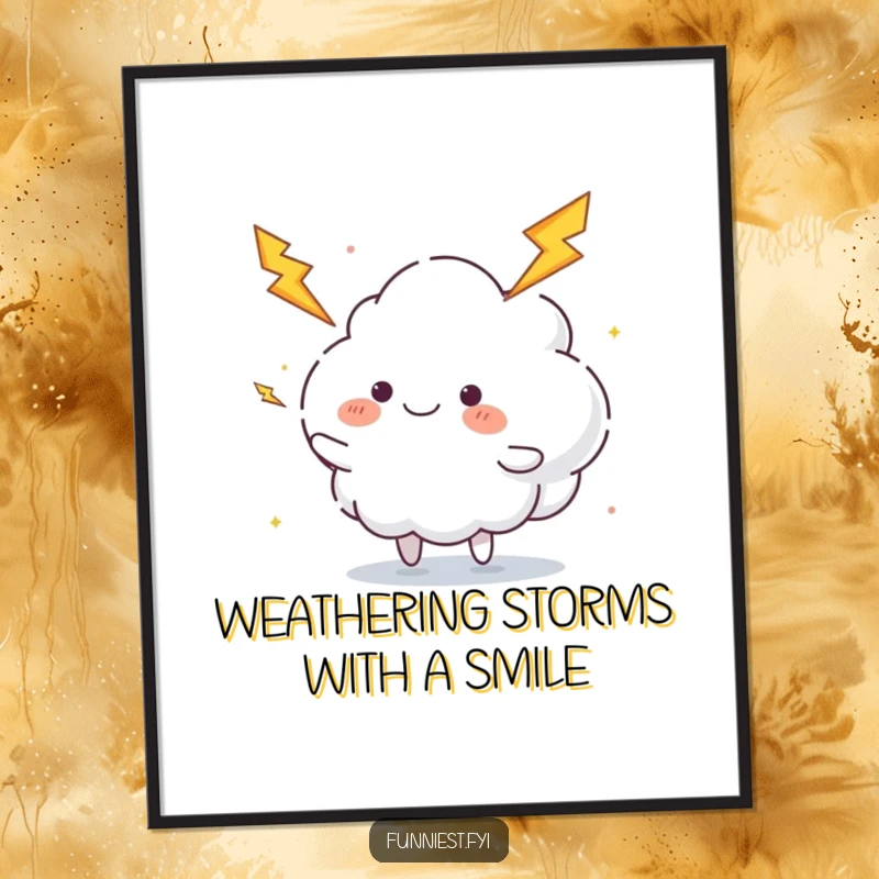 Funny Free Printable Cloud wall art: a fluffy cloud character happily juggles lightning bolts, adding a touch of stormy humor.