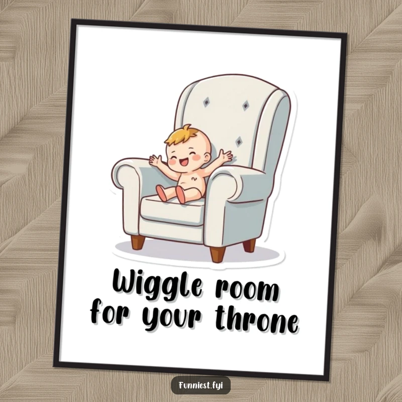 Funny Free Printable Wall Art of a tiny person wiggling with joy while wearing a giant armchair, embracing comfort.