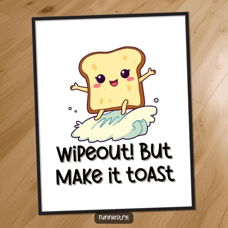 Funny Free Printable Wall Art: A slice of toast with legs enthusiastically surfs a massive butter wave.