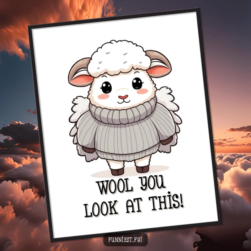 Funny Free Printable Wall Art: A sheep wearing a comically large, ultra-fluffy sweater, perfect for cozy decor.