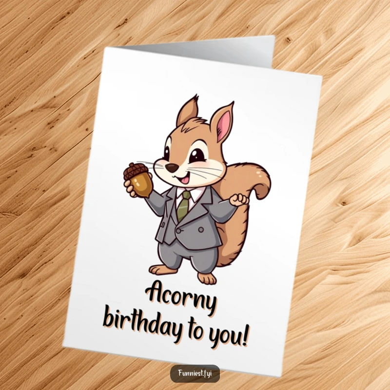 Funny Free Printable Birthday Card: Squirrel in a suit dramatically presenting a large acorn as if it were a precious jewel.