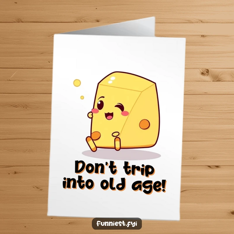Funny free printable birthday card: a talking cheese wedge trips over its own base.