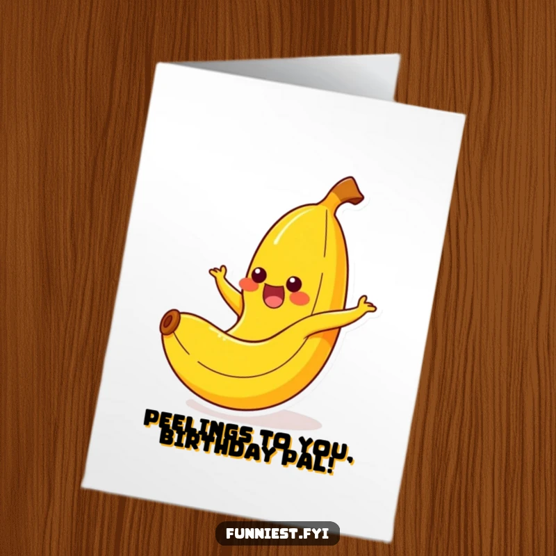 Funny free printable birthday card featuring a cheerful banana character slipping comically on its own peel with a happy yelp.