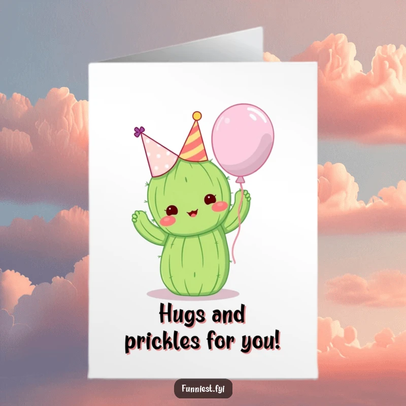 Funny Free Printable Birthday Card: Cute cactus wearing a party hat attempts to hug a balloon, a humorous scene.