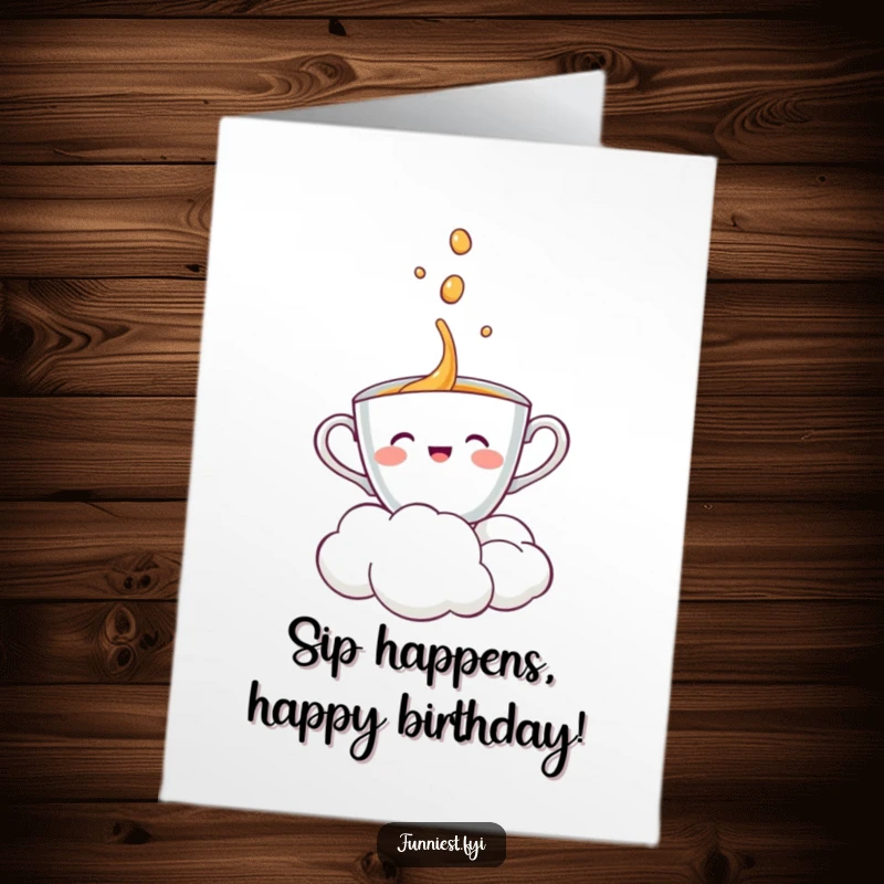 Free printable birthday card: a smiling teacup character joyfully receiving a delightful downpour from a friendly cloud.