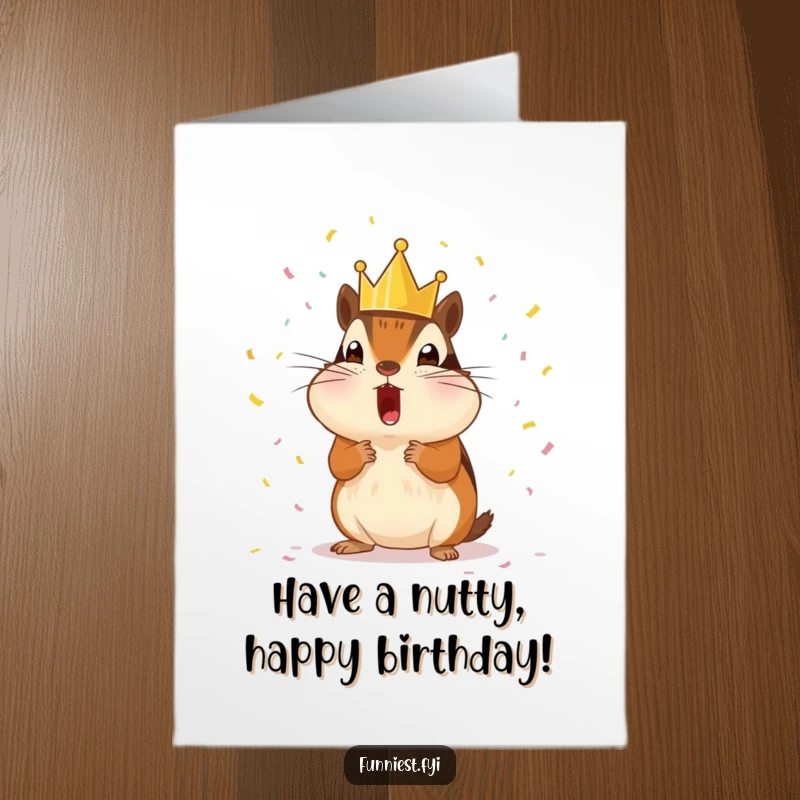 Funny Free Printable Birthday Card: Surprised chipmunk in tiny crown showered with confetti, a festive and joyous greeting.