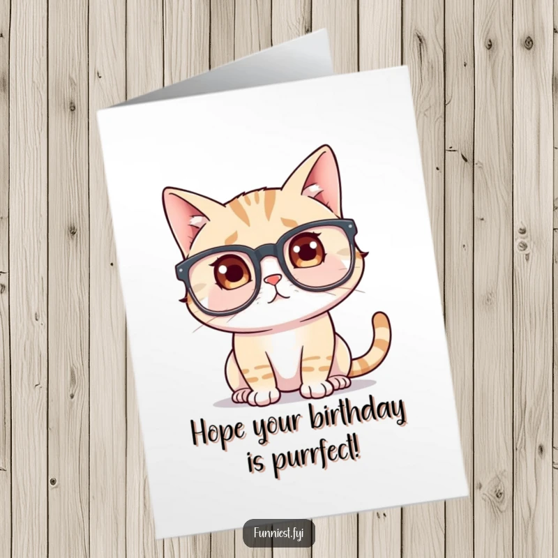 Funny Free Printable Birthday Card: Cat wearing comically oversized glasses, looking confused, perfect downloadable birthday gift.
