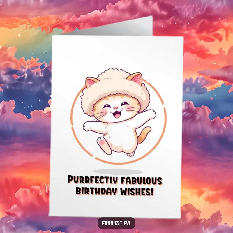 Funny Free Printable Birthday Card: A joyful cat in a big fluffy hat jumps through a sparkling hoop, ready for celebration.