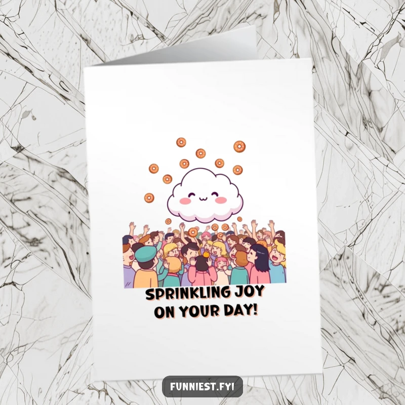 Funny Free Printable Birthday Card with a giggling cloud raining donuts on a happy crowd, a sweet celebration.