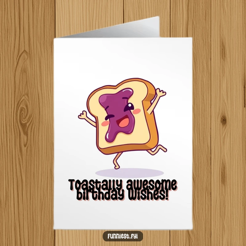 Funny Free Printable Birthday Card: Jam toast doing a wobbly cartwheel, celebrating with a huge grin, perfect for laughs.