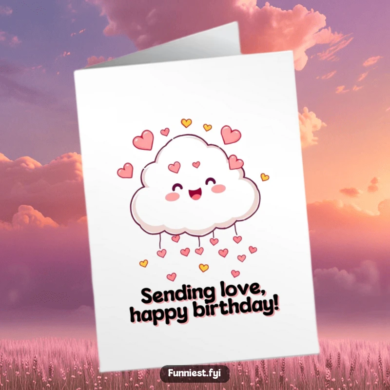 Funny Free Printable Birthday Card: A joyful cloud happily rains tiny, colorful hearts, celebrating a special birthday with love.