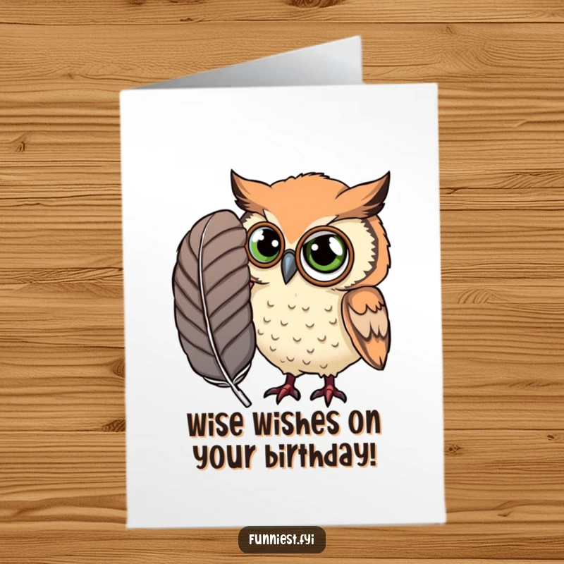 Funny Free Printable Birthday Card: A curious owl with a monocle inspects an oversized feather, a funny birthday surprise.
