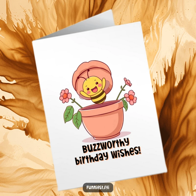 Free Printable Birthday Card: A gleeful bee character flying headfirst into a giant, oversized flowerpot.