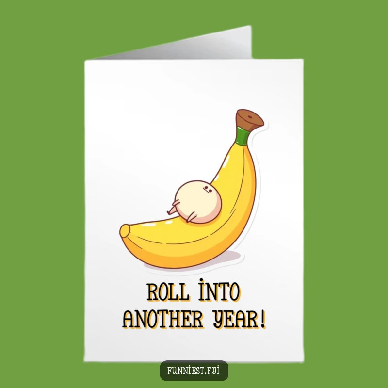 Free Printable Funny Birthday Card: Round Character Banana Peel Slide - Downloadable Gift