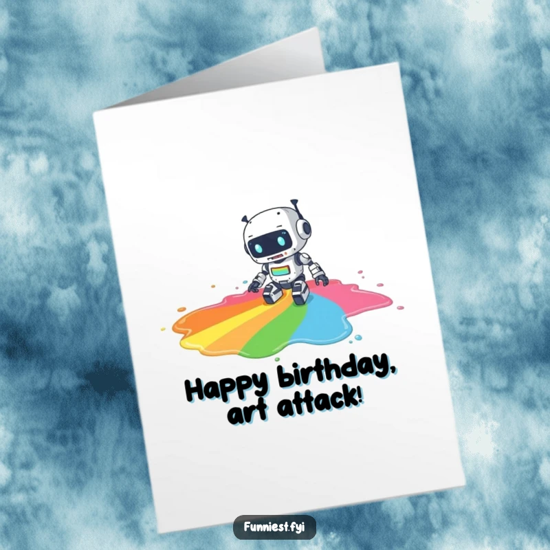 Free Printable Birthday Card: A clumsy robot tripping and spilling a huge puddle of vibrant rainbow paint.