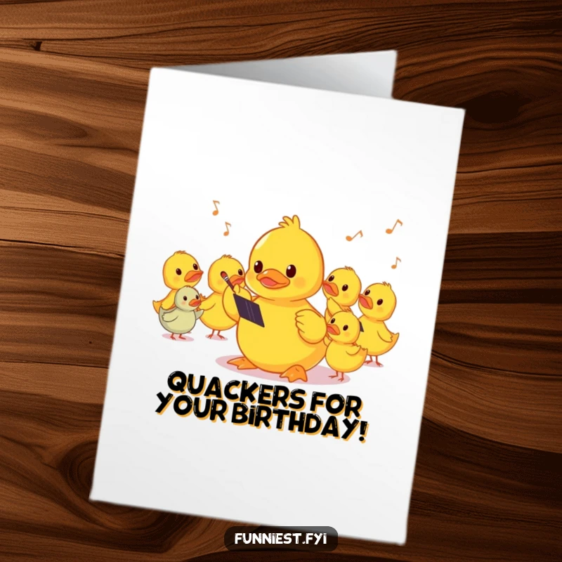 Funny Free Printable Birthday Card: A shy rubber ducky comically conducts an unseen orchestra of squeaks, a cute birthday greeting.