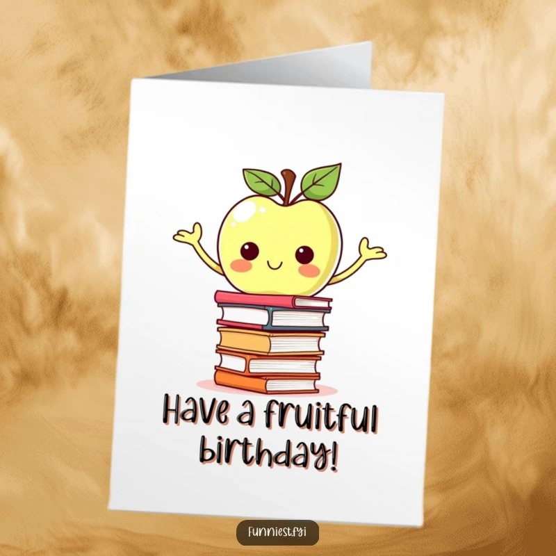 Funny Free Printable Birthday Card: A proud apple character precariously balances a tall stack of tiny, wobbling books, a smart birthday wish.