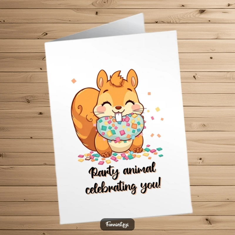 Funny Free Printable Birthday Card: A mischievous squirrel gleefully stuffs its cheeks with giant party confetti, a festive birthday wish.