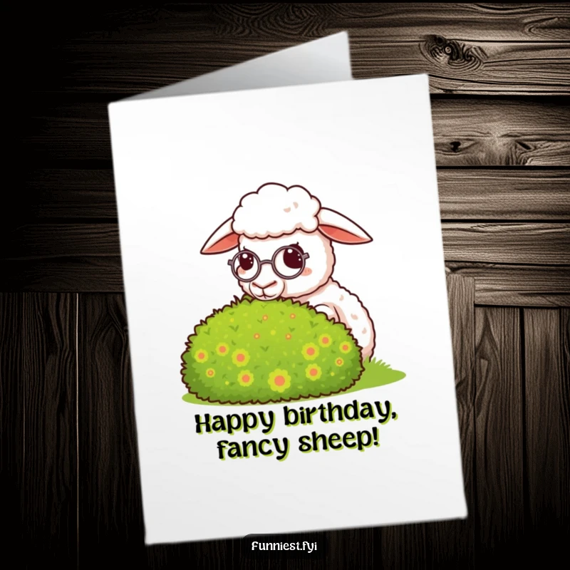 Funny Free Printable Birthday Card: A sheep with a monocle looks smugly at a bush, a humorous, dapper downloadable greeting.