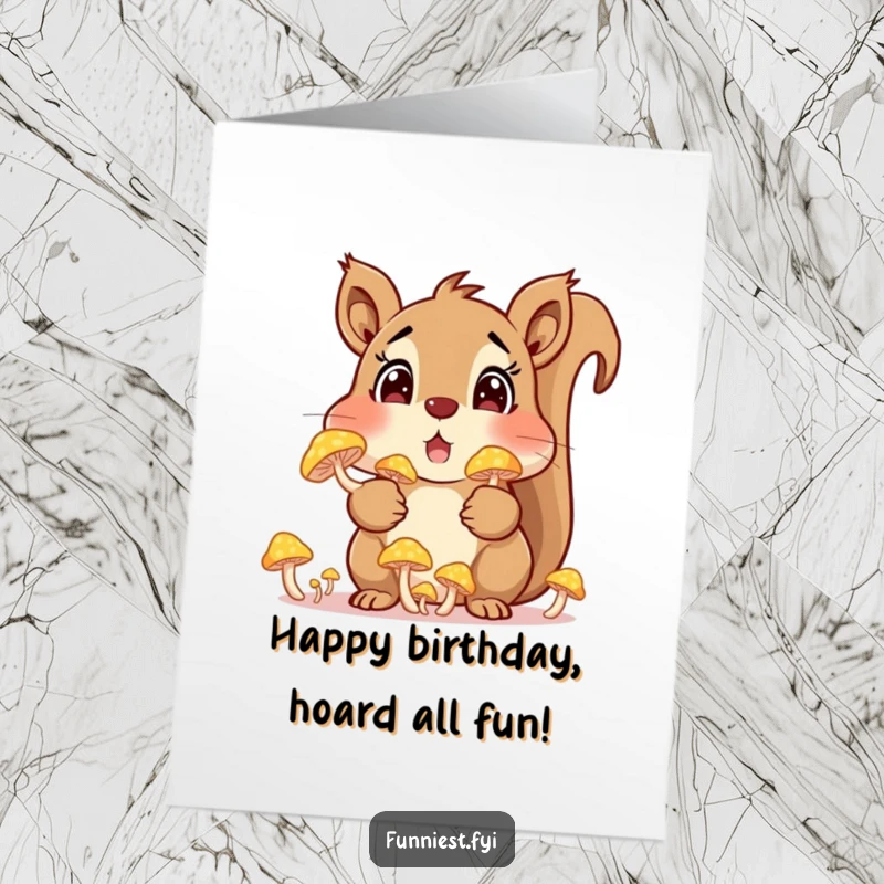 Funny Free Printable Birthday Card: A surprised squirrel's cheeks are stuffed full of glowing mushrooms, ready for a birthday surprise.