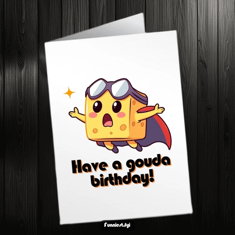 Funny Free Printable Birthday Card: Surprised cheese cube in a cape flying heroically through the air.